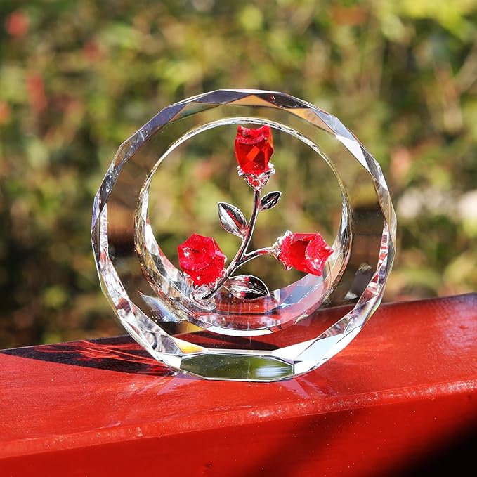 LONGWIN Crystal Tulips Flower Figurines with a Outer Circular Ring, Glass Spring Bouquet Collectible Figurines Home Decor Ornaments Ruby