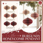 NICROLANDEE Wedding Decorations, 6 PCS Burgundy MIni Glitter Gold Edge Honeycomb Lanterns Ornaments for Christmas Tree Decoration, Xmas New Year Party, Birthday, Burgundy Bachelorette Party Decor