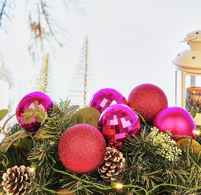 Emopeak 12Pcs Christmas Balls Ornaments for Xmas Christmas Tree - 4 Style Shatterproof Christmas Tree Decorations Hanging Ball for Holiday Wedding Party Decoration (Rose Red, 3.2"/8CM)