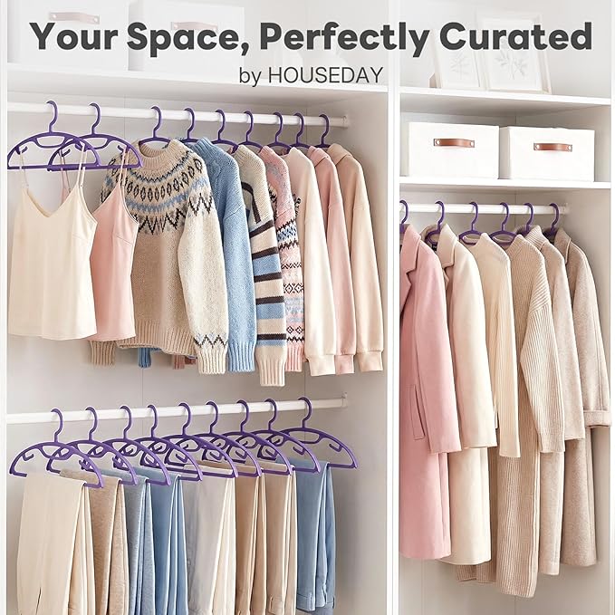 HOUSE DAY Plastic Clothes Hangers 36 Pack, Sweater Hangers No Shoulder Bump, Thick Heavy Duty Coat Hanger for Closet, Purple Wide Hanger with Non-Slip Hook for Sweaters, Suits, Dresses, Jackets, Pants