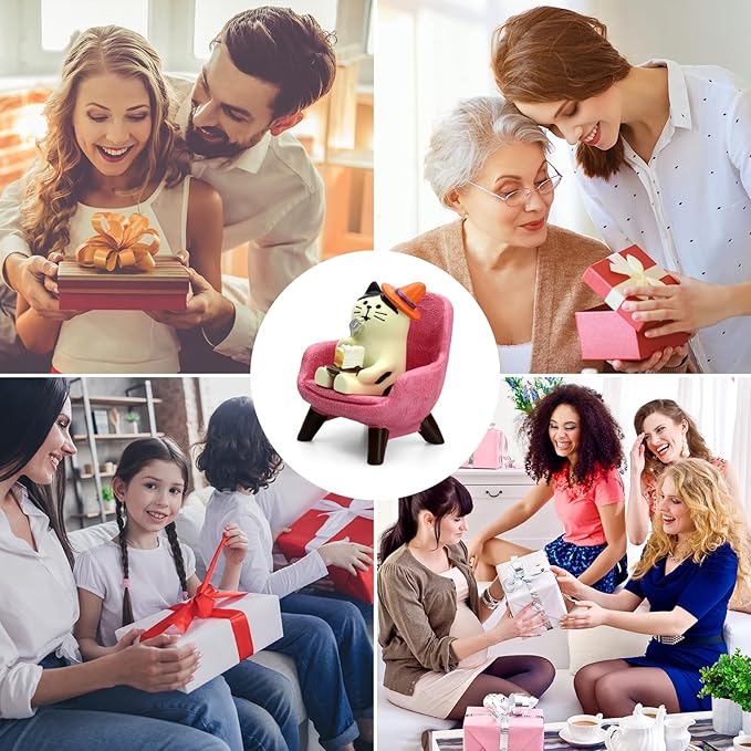 RAQWI Cute Kitten Figurine Eating Cake on Pink Sofa, Mini Resin Cat Statue for Office Desk & Home Decoration, Adorable Easter Spring Gift for Cat Lovers, Women, Friends