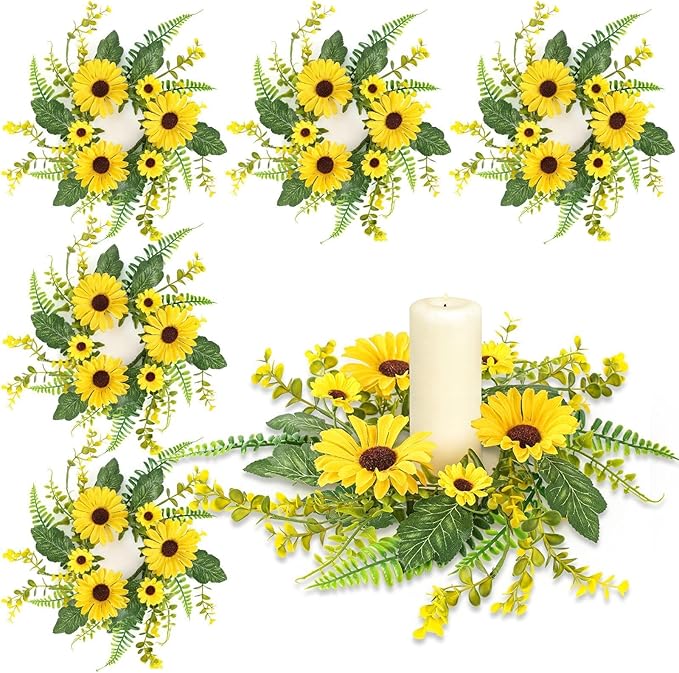 6 Pcs Mini Sunflower Wreath for Front Door Artificial Sunflower Spring Summer Swag Wreath Fake Yellow Floral Candle Rings Wreaths for Pillars Cabinets Window Home Wall Décor