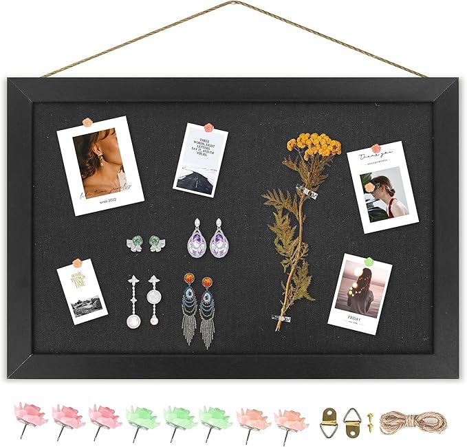 AKTOP Black Cork Board with Linen 16.7" X 11", Small Framed Bulletin Board for Wall, Hanging Pin Board Picture Board for Home Office Decor, Cute Vision Board with 8 Pushpins
