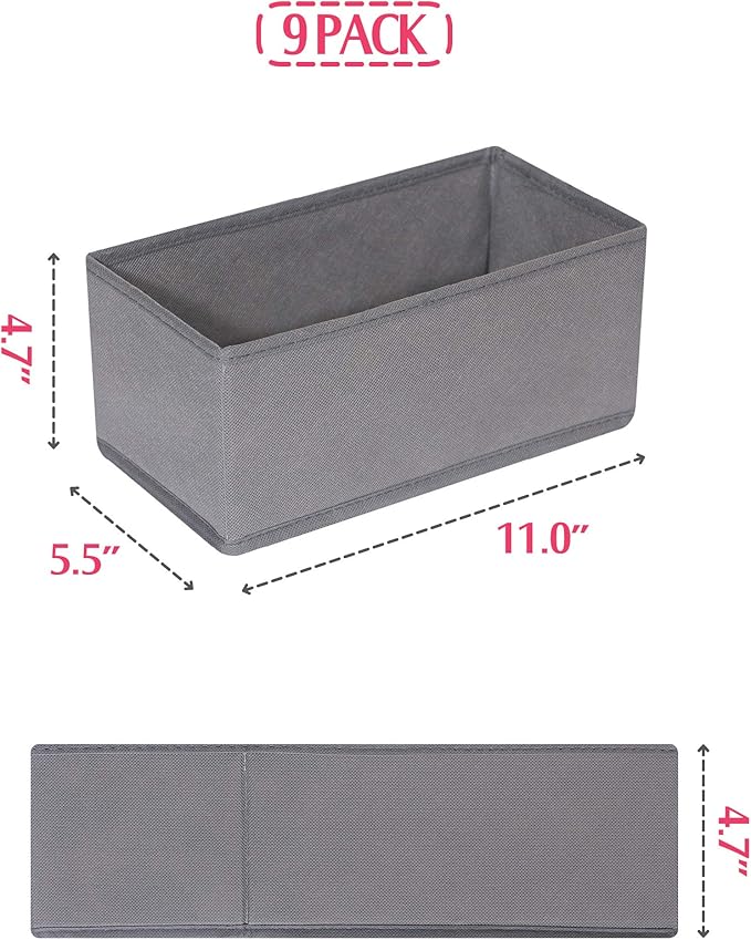 DIOMMELL 9 Pack Foldable Cloth Storage Box Closet Dresser Drawer Organizer Fabric Baskets Bins Containers Divider for Clothes Underwear Bras Socks Lingerie Clothing, M Grey 090