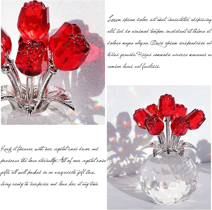Ornalrist Crystal Red Rose Figurines Gifts for Women, Glass Bouquet Ornament for Mother's Day Birthday Christmas Ruby Collectible Flowers Anniversary Floral Presents for Her (Red)