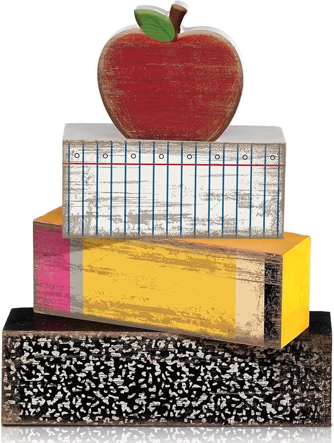 Lineshading 4 Pcs Back to School Table Decorations Retro Red Apples Decor Back to School Tiered Tray Decor Apple Centerpieces Rustic Wood Pencil Block Sign Farmhouse Gifts for Home Shelf Mantel