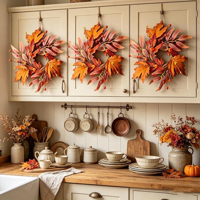 4 PCS Mini Fall Wreaths for Kitchen Cabinet 9 Inch Fall Maple Leaf Wreath for Front Door Small Autumn Hanging Wreath Thanksgiving Candle Ring for Farmhouse Home Porch Wall Window Table Decoration