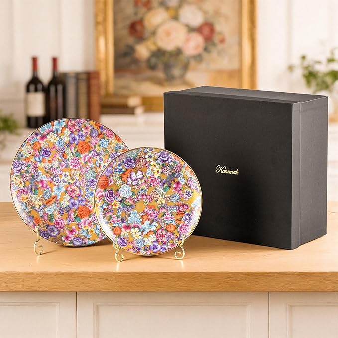 KAMMAK Decorative Plates Set for Display, Gold Ceramic Plate Decor with Stand，Handmade Vintage Flower Porcelain Ornament for Living Room, Kitchen, Office, Perfect Chinese Style Dish Gift (8in+10in)