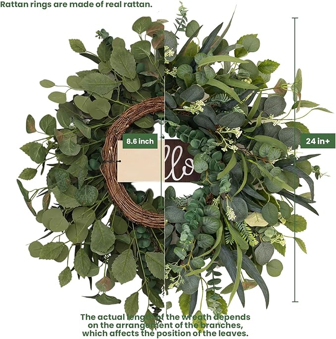 24" Eucalyptus Wreath with Hello Sign for Front Door, All Seasons Greenery Wreath, Artificial Eucalyptus Wreath for Farmhouse Porch, Window, Wall, Year Round Spring Summer Outdoor & Indoor Home Decor