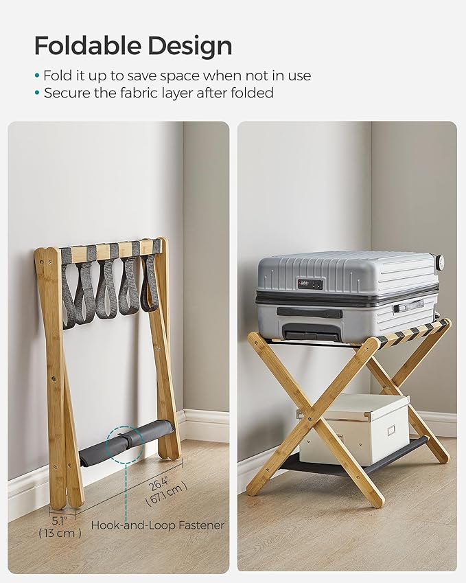 SONGMICS Luggage Rack, Bamboo Luggage Rack for Guest Room, Folding Suitcase Stand, for Hotel, Bedroom, Heavy-Duty, Holds up to 131 lb, Natural Beige URLR007N01