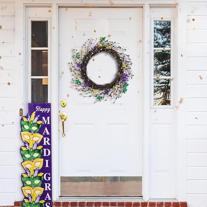 Glitzhome 20" Wreath Decoration Glitter Purple Gold Green Berry & Fleur-de-Lis Wreath Carnival Front Door Decoration for Indoor Outdoor Holiday Party Favors