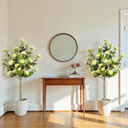 Bellacat 5ft Artificial Camellia Tree with Silk Yellow Flowers, 60in Faux Camellia Plant with Lifelike Trunk, Fake Flower Tree Potted Front Door Plants for Porch Patio Deck Living Room Decor, 2Pack