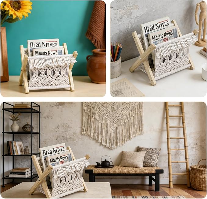 Woven Magazine Rack & Boho Basket Foldable Living Room & Bedroom Storage & Decor 2-in-1