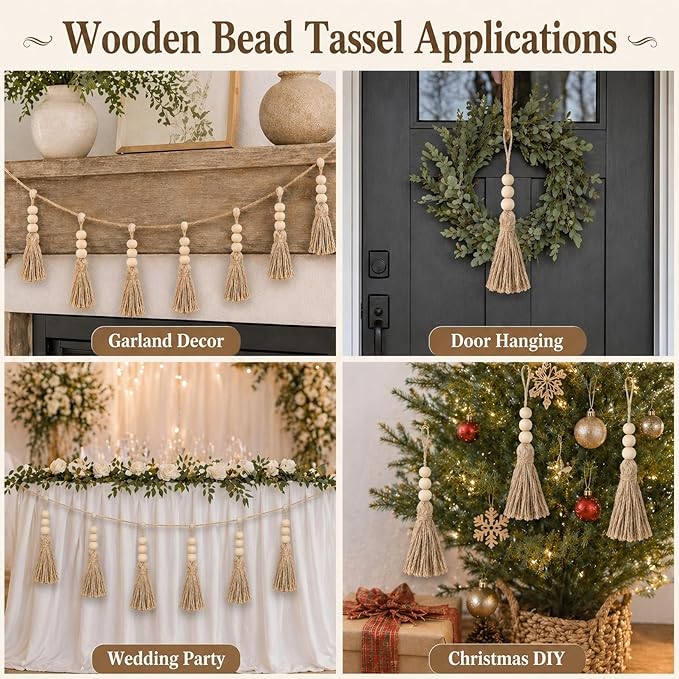 Jute Rope Tassel with 3 Wooden Beads - 20 Pcs Thick Handmade Jute Tassels for Garland Craft Decor Farmhouse Boho Home Door Hanging Decoration for Wedding Party Christmas DIY