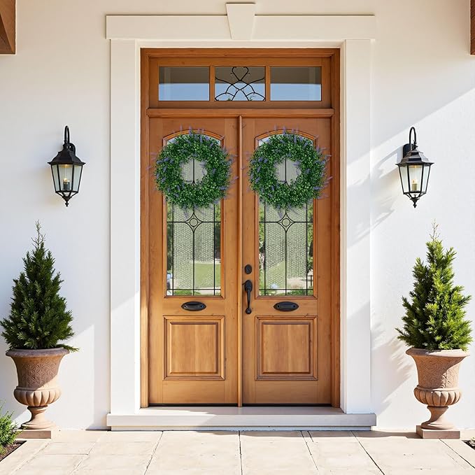 SHACOS Lavender Greenery Wreath 17" Artificial Boxwood Front Door Wreaths for Home Wall Window Farmhouse Decoration 100% Plastic Indoor Outdoor