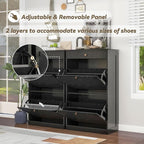 Shoe Storage Cabinet with 2 Flip Doors Set of 2, Wooden Narrow Shoe Cabinet Organizer with Drawer, Freestanding Hidden Shoe Rack with Adjustable Shelf for entryway, Hallway, Living Room, Black