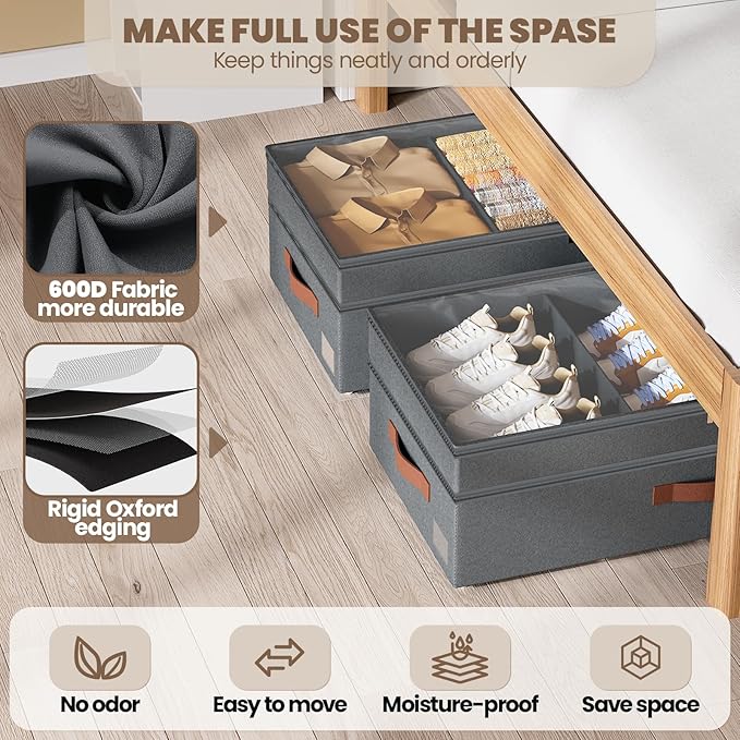 Dayacoco Under Bed Storage with Wheels, 2Pack 71L Under the Bed Storage Containers, Adjustable Underbed Drawer with Lids, Underbed storage Rolling Bin for Shoes, Clothes, Blankets, Grey