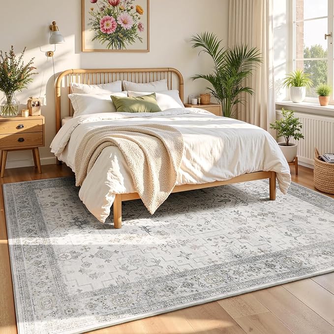 Lessymo Washable Rugs for Living Room, 9x12 Large Area Rug for Bedroom Dining Home Office, Soft Non-Slip Vintage Geometric Oushak Carpet, Boho Neutral Farmhouse Decor, Taupe Grey