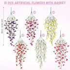 Artificial Flowers with Hanging Basket, Outdoor Faux Plants Silk Morning Glory Vines, Fake Petunias for Garden Patio Spring Summer Decor, Mixed Color