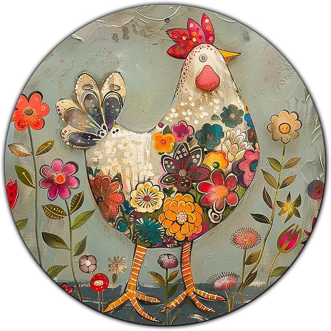 Chicken And Flower Metal Sign Vintage Tin Sign Round Sign Aluminum Sign for Farmhouse Kitchen Outdoor Outside Home Backyard Wall Decor 12 Inch
