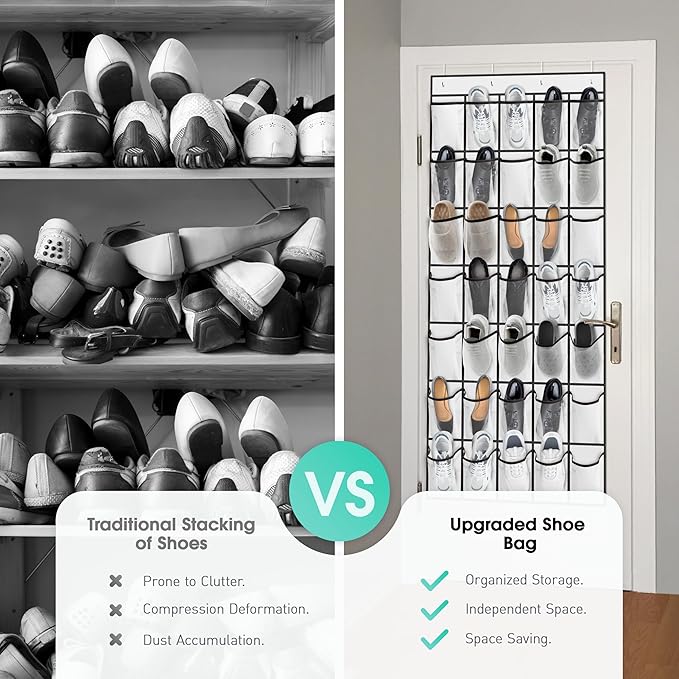 WVM Over the Door Shoe Organizer with 35 Breathable Mesh Pockets, Hanging Shoe Organizer for Door with 4 Metal Hooks, Large Capacity Closet Storage for Shoes, Accessories, White