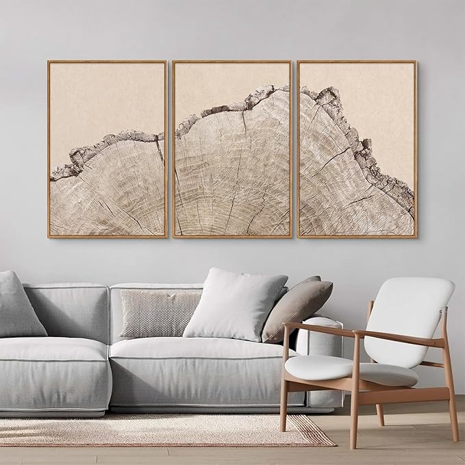 SIGNINART Large Tree Ring Framed Canvas Wall Art Set, Rustic Beige Nature Wooden Wall Decor, Neutral Wood Stump Artwork, Modern Art Prints for Bedroom Living Room Office 24"x36"x3
