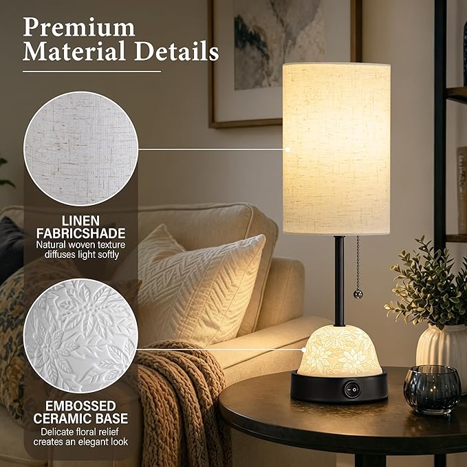 SIBRILLE Table Lamp for Bedroom, Dual Light Nightstand Lamp with Fabric Shade & Ceramic Carved Night Light Base, Individual Controls Bedside Lamp for Living Room, 8W LED Bulb Included