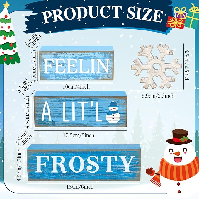 Yuntau 4 Pcs Winter Wooden Tabletop Decor Christmas Snowflake Tiered Tray Decor Rustic Wood Block Sign Gift Winter Centerpiece for Shelf Office Farmhouse Table Frozen Birthday Party Decoration