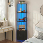 Corner Shelf with Storage, LED Lights 6-Tier Corner Bookshelf, 66'' Organizer Book Shelf Shelves Steel Frame Display Stand with Living Room, Bedroom, Study, Black