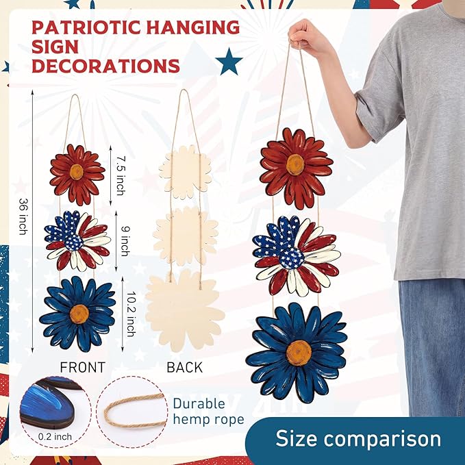 Lineshading 4th of July Decorations Patriotic Decorations Daisy Patriotic Hanging Wreath for 250th Anniversary Wooden Vintage American Hanging Wreaths Door Decor for Memorial Day Porch Wall Decor