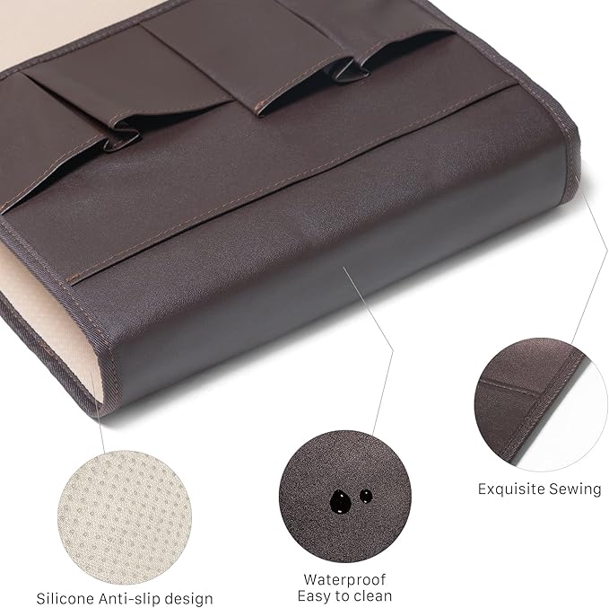 PU Leather Sofa Armrest Organizer, Armchair Magazine Holders, Waterproof Remote Holder for Recliner Couch with 1 Large Pocket, 4 Small Pockets for Magazine, Remote, Phone, Ipad, Books (brown)
