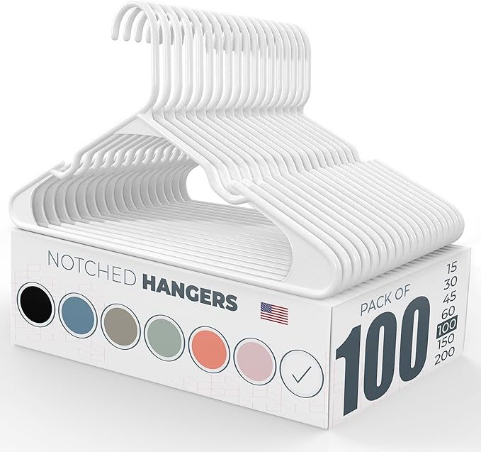 Neaties Plastic Hangers 100 Pack – Made in The USA – 6lb Capacity Standard Clothes Hangers with Notches and Reinforced Edges for Dresses, Lingerie, Shirts, Pants, and Jackets – White