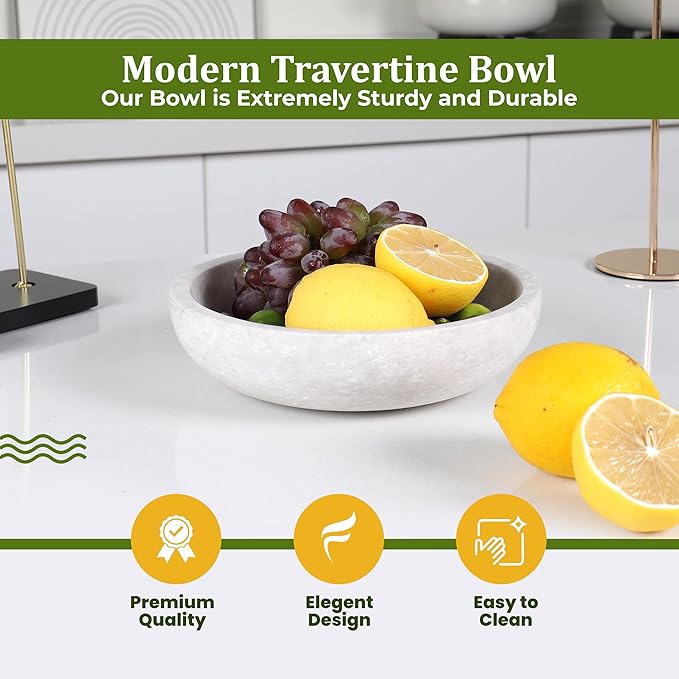 FNTSTICGOODS Travertine Decorative Bowl - 7.8” Diameter & 2” Height - Key Bowl for Entryway Table - Organic Modern Centerpiece - White/Gray