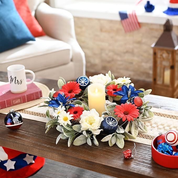 Valery Madelyn 20 Inches 4th of July Wreath for Front Door with Lights, Red White Blue Patriotic Floral Wreath Memorial Day Decorations with Ball Ornaments for USA 250th Anniversary Summer