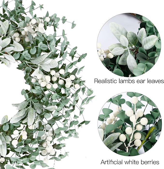 Sggvecsy Artificial Greenery Leaves Wreath for Front Door 22 Inch Greenery Boxwood Wreath with Flocked Lambs Ear White Berries for Spring Summer Farmhouse Wall Home Indoor Outdoor Decor