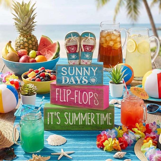 Lineshading 4 Pcs Summer Table Decorations Wooden Flip-flop Stacked Block Decor, "Sunny Days It's Summertime" Signs with Beach Sandal Topper, Rustic Coastal Tiered Tray Decoration for Home Coffee Bar
