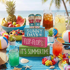 Lineshading 4 Pcs Summer Table Decorations Wooden Flip-flop Stacked Block Decor, "Sunny Days It's Summertime" Signs with Beach Sandal Topper, Rustic Coastal Tiered Tray Decoration for Home Coffee Bar
