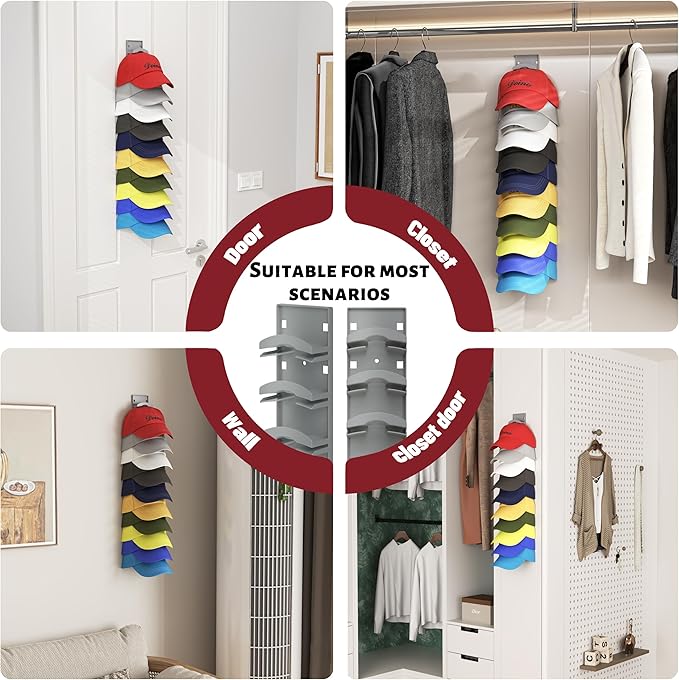 Hat Organizer Hold up to 20 Hats, 2 Pack Hat Rack for Wall with Strong Adhesive, Hat Organizer for Baseball Caps Display for Door Closet, Hat Hanger Holder Multilayer Two Mounting Option(White)