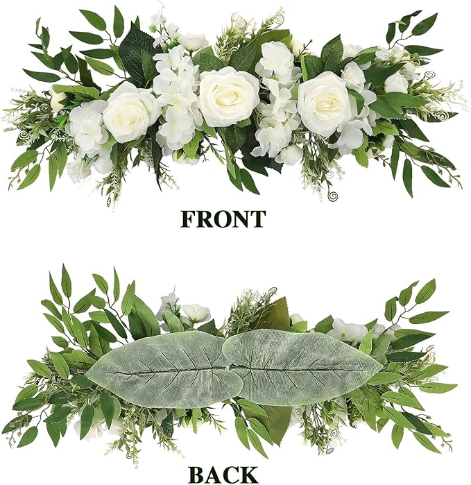 Artificial Peony Flower Swag, 29.6in Faux Eucalyptus Leaves Corner Rose Floral Swags, Artificial Mirror Flower Chair Back Flower Swags for Sheer Drapes, Wedding Chair, Arbor, Wedding(White)