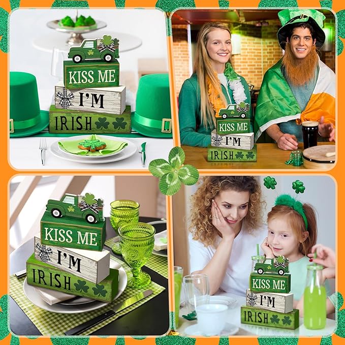 Yuntau 4 Pcs St Patricks Day Decorations Lucky Shamrock Wooden Sign Truck Table Centerpiece St Patricks Day Tiered Tray Decor Decorative Faux Book Stack Block for Fireplace Mantel Floating Shelf