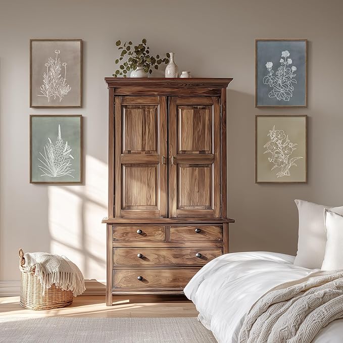 Framed Boho Botanical Wall Art for Living Room, 4 Piece Rustic Floral Canvas Painting Prints, Vintage Minimalist Neutral Flower Artwork for Modern Farmhouse Bedroom Dining Room Office Wall Decor