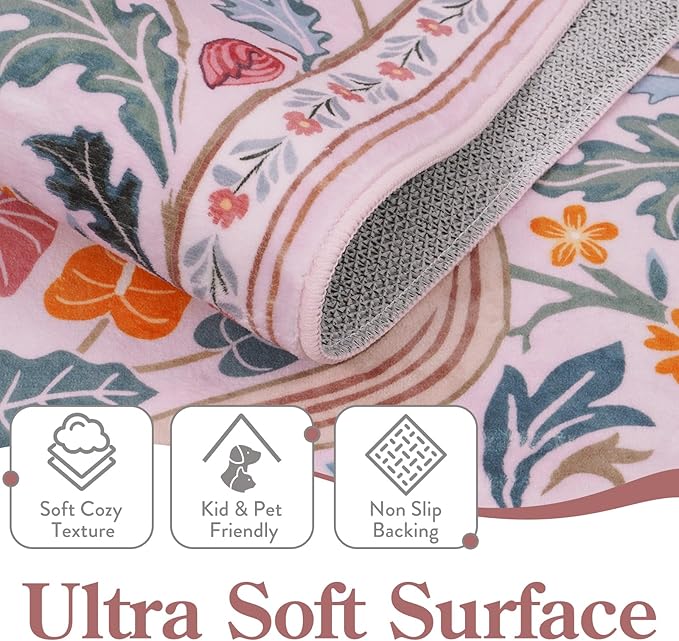 Moynesa Floral 3x5 Pink Rug for Bedroom Girls, Washable Soft Nursery Rug Non Slip, Boho Small Living Room Throw Carpet, Ultra Thin Flower Indoor Area Rug for Kids Room Dorm, Pink