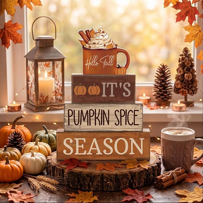 Lineshading 4 Pcs Fall Decorations for Home Wooden Hot Cocoa Cup Block Sign Thanksgiving Tiered Tray Decor Thanksgiving Centerpiece Rustic Fall Table Decor for Autumn Harvest Party Home Kitchen