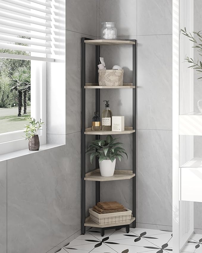 Hzuaneri Corner Shelf Stand, Corner Bookshelf, Storage Standing Shelf Unit with Metal Frame, Plant Stand, Bookcase for Living Room, Home Office, Bedroom, 5-Tier Greige CS05905B