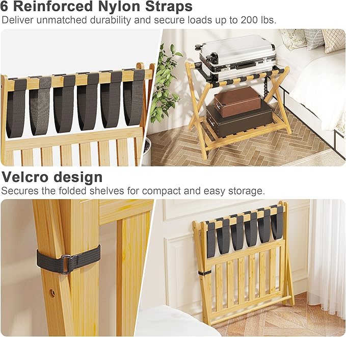2 Pack Bamboo Luggage Rack for Guest Room, 26.77" Folding Wide Suitcase Stand with Storage Shelf, Thickened Luggage Stand Holder for Bedroom Hotel, Luggage Rack for Suitcases (Natural)