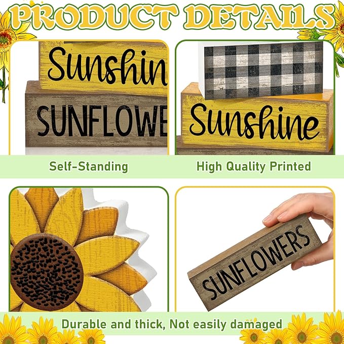Yuntau 4 Pcs Sunflower Decorations Sunflower Wooden Sign Sunshine Table Centerpiece Summer Tiered Tray Decor Decorative Faux Book Stack Block for Coffee Table Fireplace Mantel Shelf Kitchen