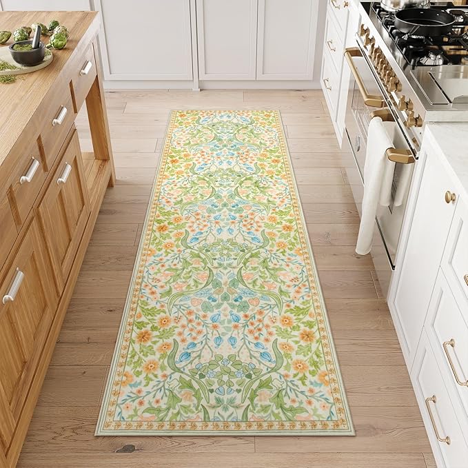 Moynesa Floral Hallway Runner Rug, Washable 2x6 Kitchen Rug Runner, Non Skid Boho Soft Bathroom Carpet Runner 6ft, Ultra Thin Botanical Throw Mat for Laundry Bedroom, Spring
