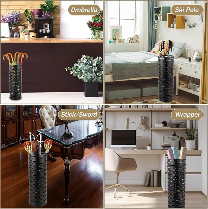 Umbrella Stand Rack, Free Standing Round Metal Umbrella Holder, Walking Sticks Umbrella Bins Waterproof Umbrella Storage Rack 16.5 x 6 inch Hollow Umbrella Storage Bucket for Indoor Home Office(black)