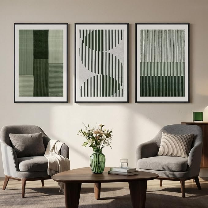 Large Framed Green Abstract Wall Art for Living Room, 3 Piece Modern Canvas Prints Paintings Artwork for Walls, Minimalist Sage Green Geometric Pictures Wall Decor for Hallway Dining Bedroom 24x36 In
