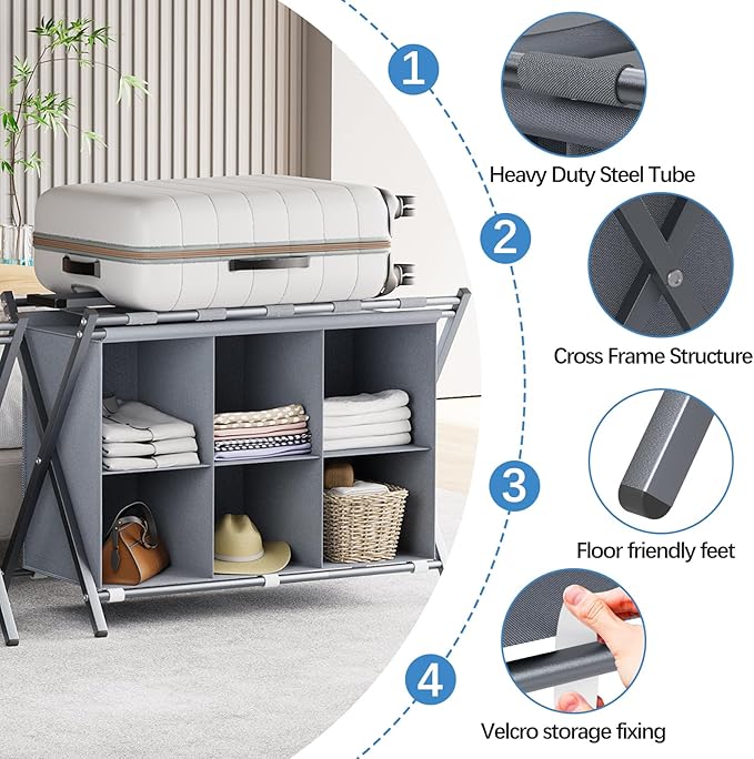 Luggage Rack for Guest Room, Folding Suitcase Stand with 6-Cube Fabric Storage Shelf, Luggage Holder, Steel Foldable Luggage Stand for Guest Room, Bedroom, Hotel, Grey